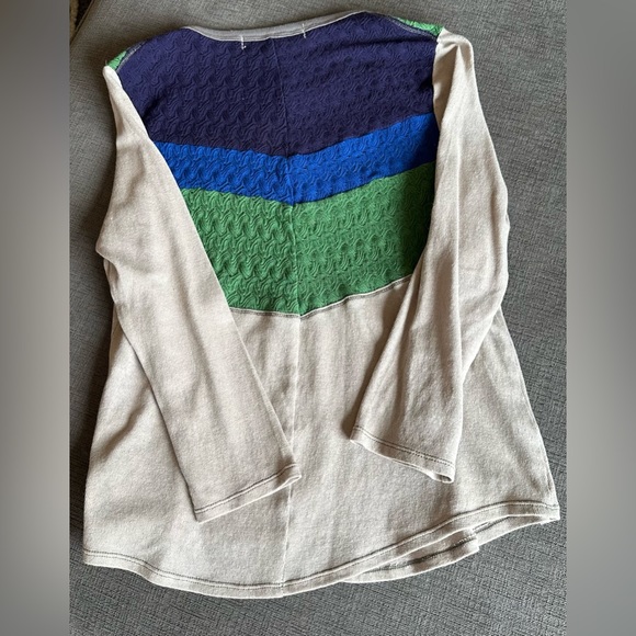 Free People cotton grey long sleeve top with blue and green trim. (S) - Picture 3 of 5